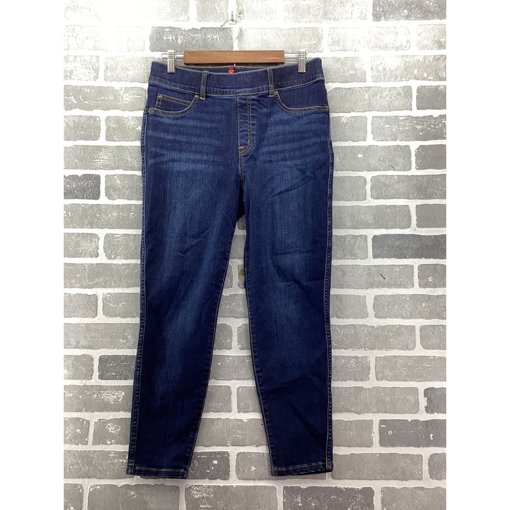 Spanx Ankle Jean Ish Leggings Dark Indigo Blue Denim Pull On Large Petite L/G P